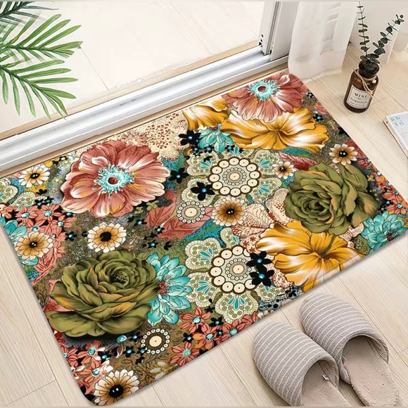 Bohemian Non-slip Bathroom Mat, Colorful Flower Indoor Outdoor Anti-Slip NWT - Picture 1 of 10